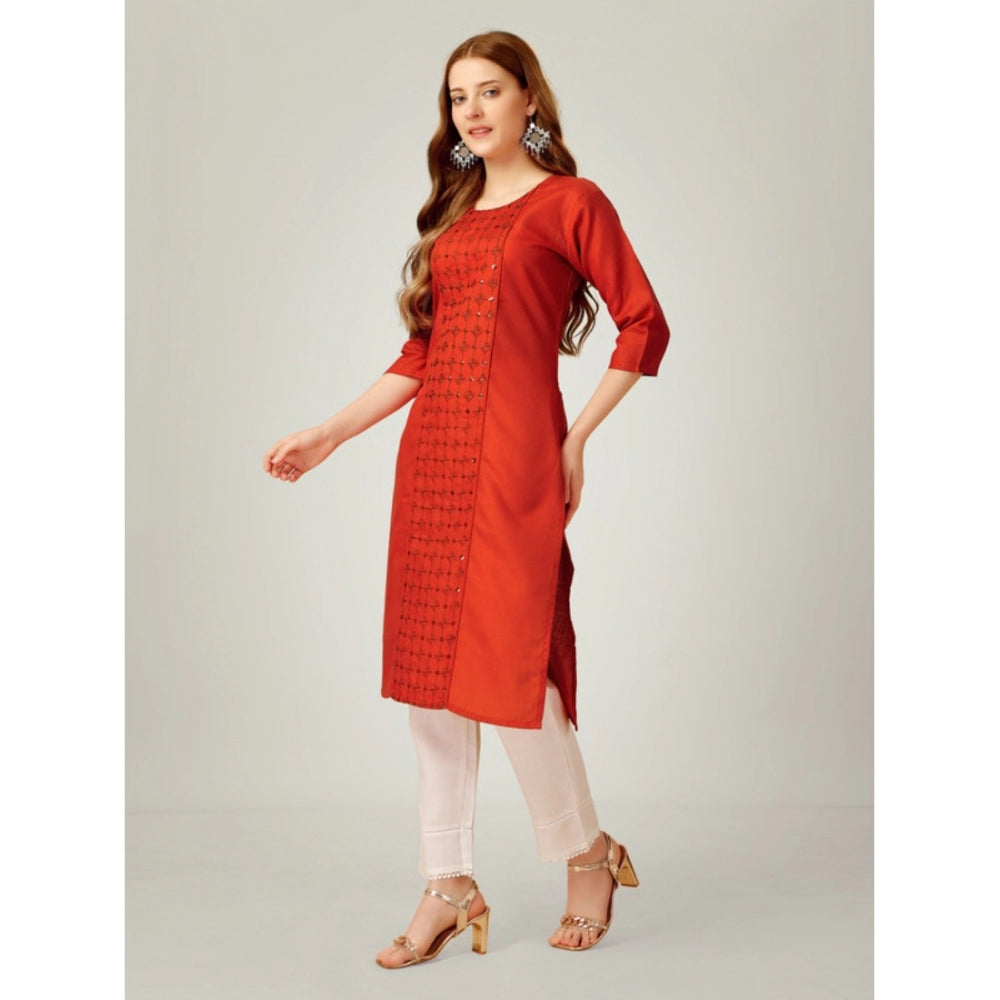 Women's Casual 3-4 th Sleeve Embroidery Cotton Kurti Pant Set (Brown)