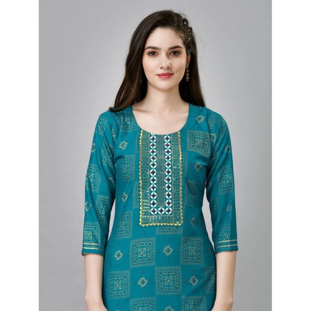 Women's Casual 3-4 th Sleeve Embroidery Rayon Kurti Pant Set (Green)