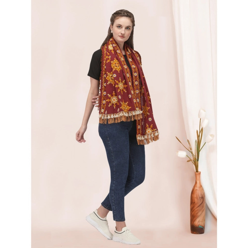 Women's Cotton Embroidered Muffler (Maroon, Length: 0.5 to 1 Mtr)