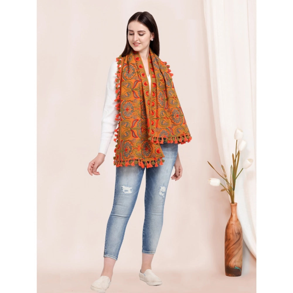 Women's Cotton Embroidered Muffler (Orange, Length: 0.5 to 1 Mtr)