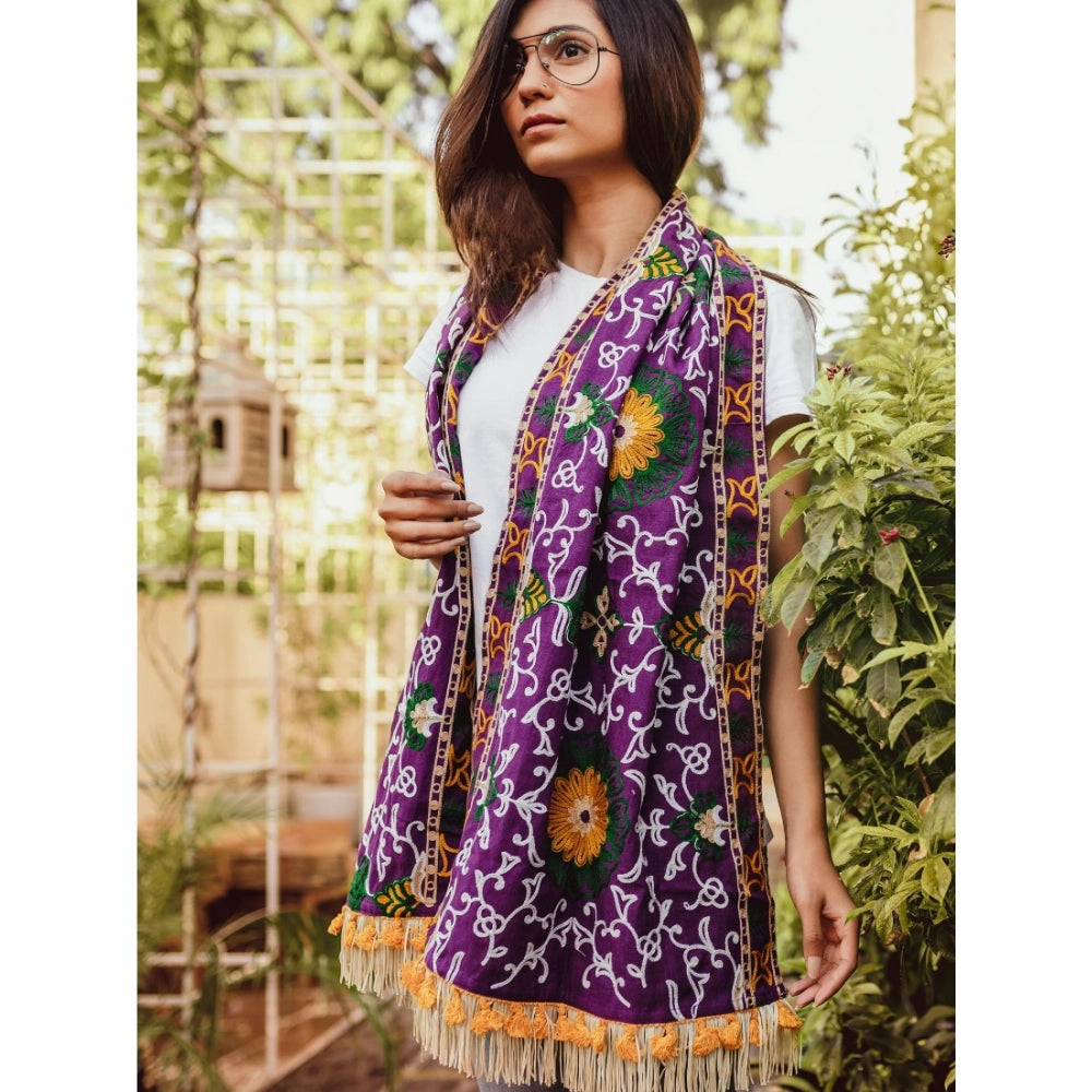 Women's Cotton Embroidered Muffler (Purple, Length: 0.5 to 1 Mtr)