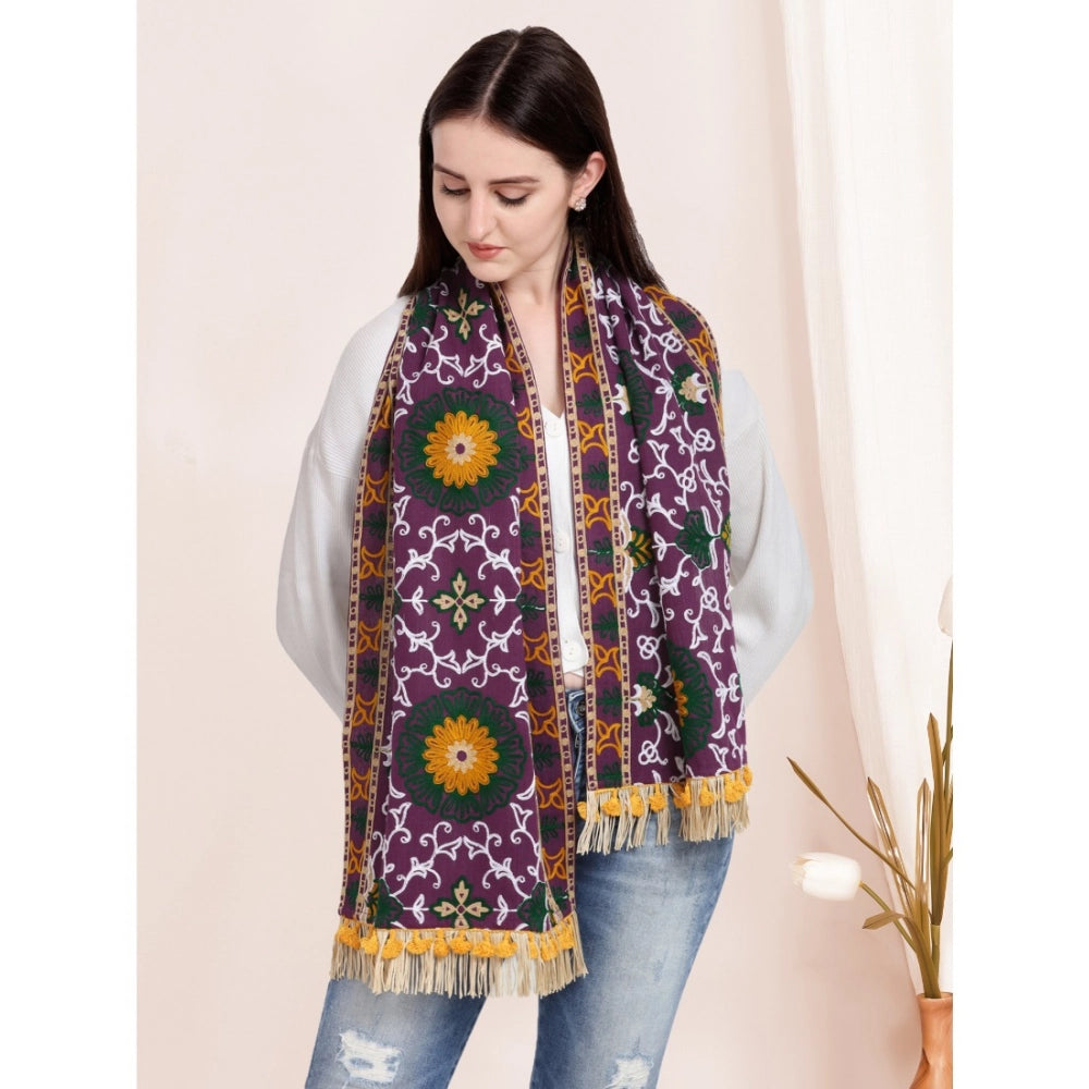 Women's Cotton Embroidered Muffler (Purple, Length: 0.5 to 1 Mtr)