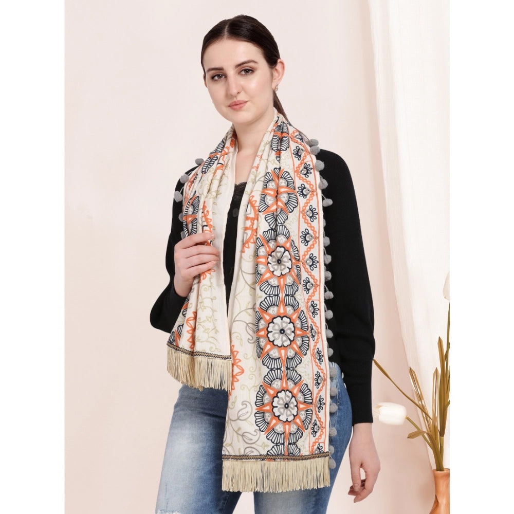 Women's Cotton Embroidered Muffler (Off White, Length: 0.5 to 1 Mtr)