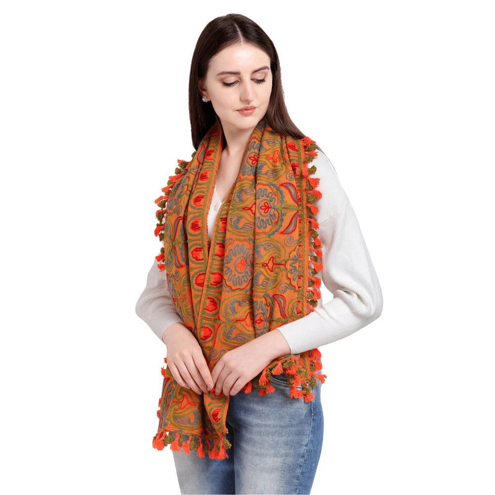 Women's Cotton Embroidered Muffler (Orange, Length: 0.5 to 1 Mtr)