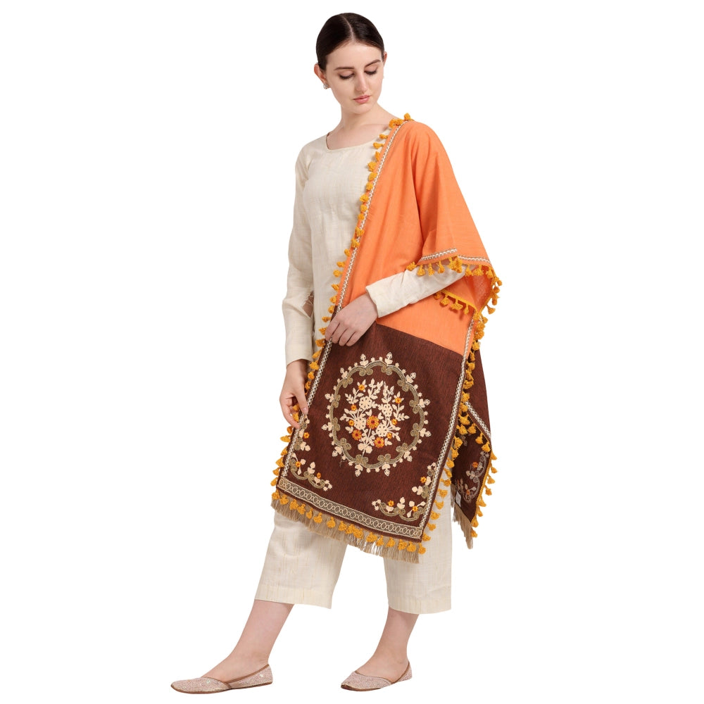 Women's Cotton Embroidered Dupatta (Peach, Length: 1.5 to 2 Mtr)