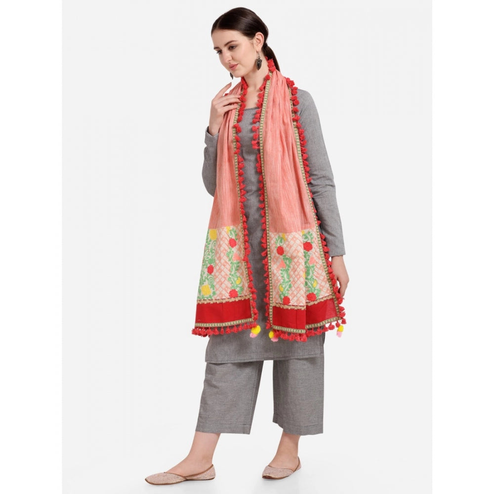 Women's Cotton Embroidered Dupatta (Peach, Length: 1.5 to 2 Mtr)