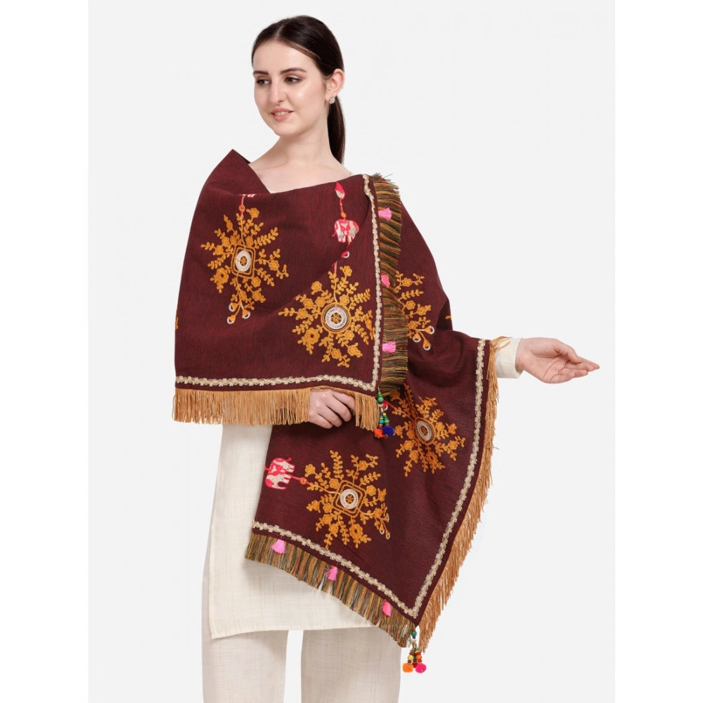 Women's Cotton Embroidered Dupatta (Maroon, Length: 1.5 to 2 Mtr)