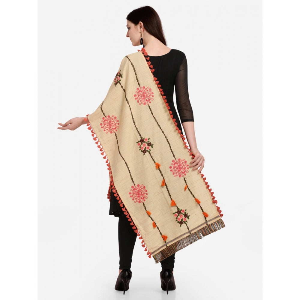 Women's Cotton Embroidered Dupatta (Beige, Length: 1.5 to 2 Mtr)