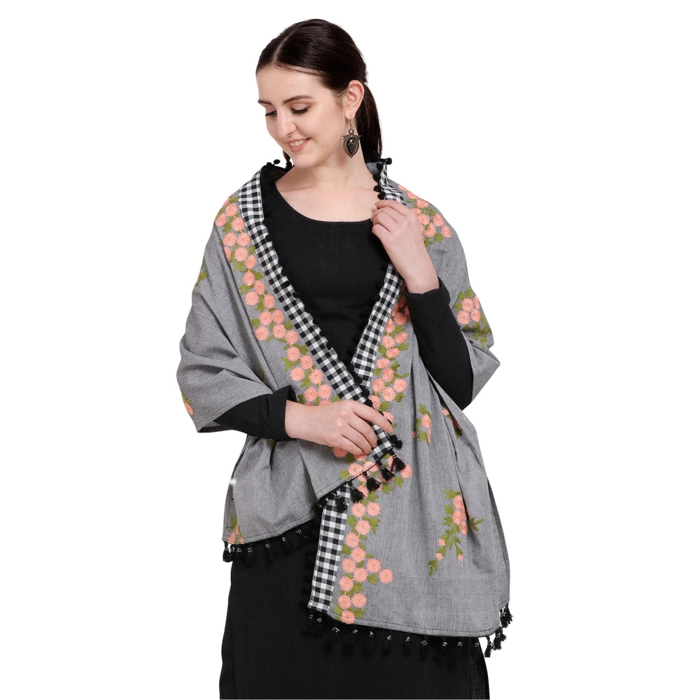 Women's Cotton Embroidered Dupatta (Gray, Length: 0.5 to 1 Mtr)