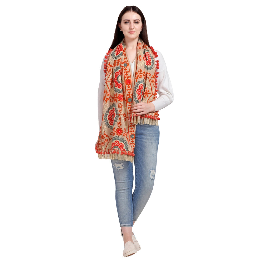 Women's Cotton Embroidered Muffler (Beige, Length: 0.5 to 1 Mtr)