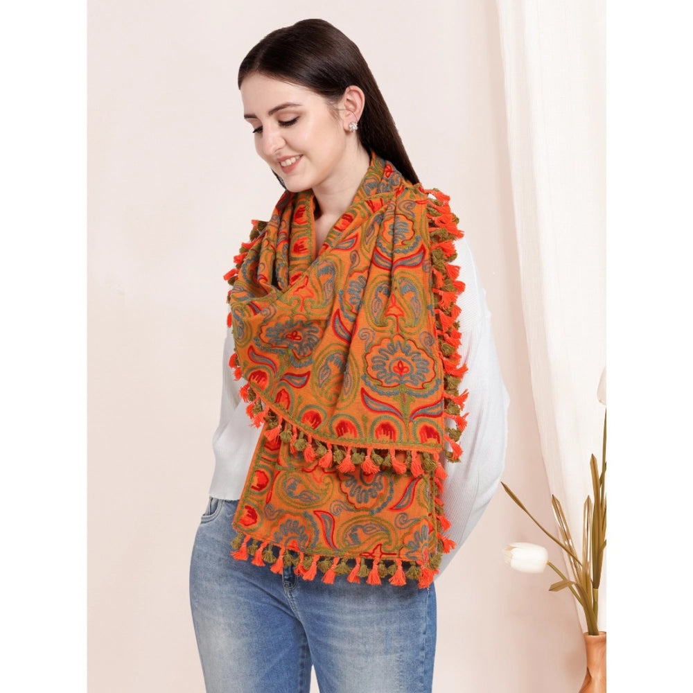 Women's Cotton Embroidered Muffler (Orange, Length: 0.5 to 1 Mtr)