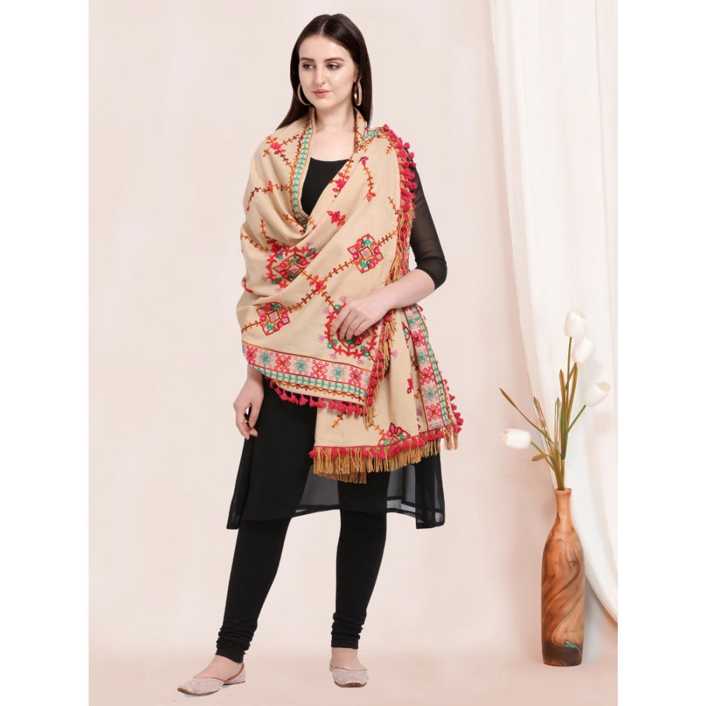 Women's Cotton Embroidered Dupatta (Beige, Length: 0.5 to 1 Mtr)