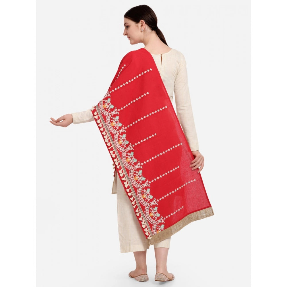 Women's Cotton Embroidered Dupatta (Red, Length: 1.5 to 2 Mtr)