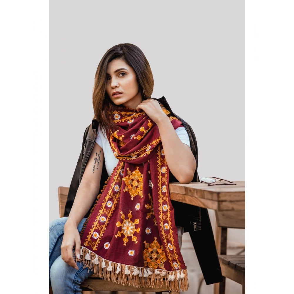 Women's Cotton Embroidered Muffler (Maroon, Length: 0.5 to 1 Mtr)