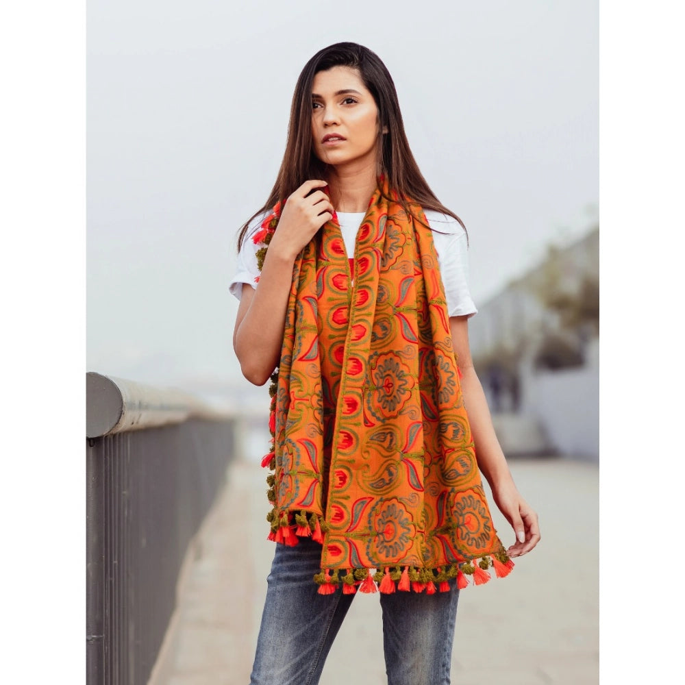 Women's Cotton Embroidered Muffler (Orange, Length: 0.5 to 1 Mtr)