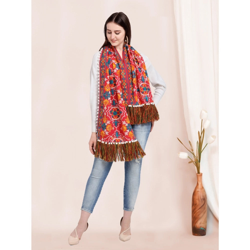 Women's Cotton Embroidered Muffler (Red, Length: 0.5 to 1 Mtr)