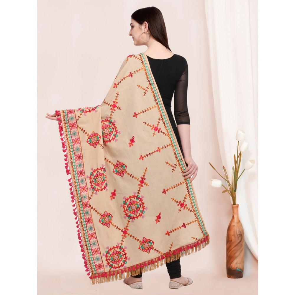 Women's Cotton Embroidered Dupatta (Beige, Length: 0.5 to 1 Mtr)