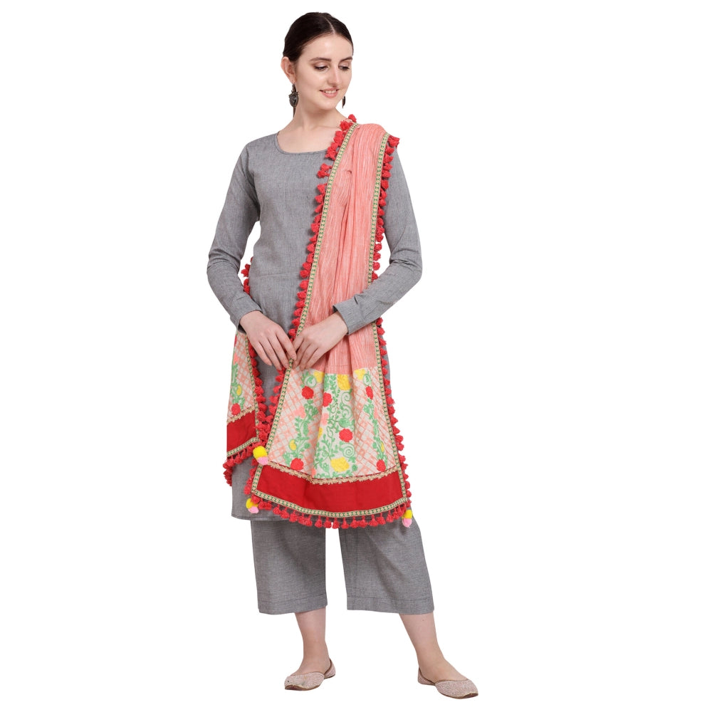 Women's Cotton Embroidered Dupatta (Peach, Length: 1.5 to 2 Mtr)