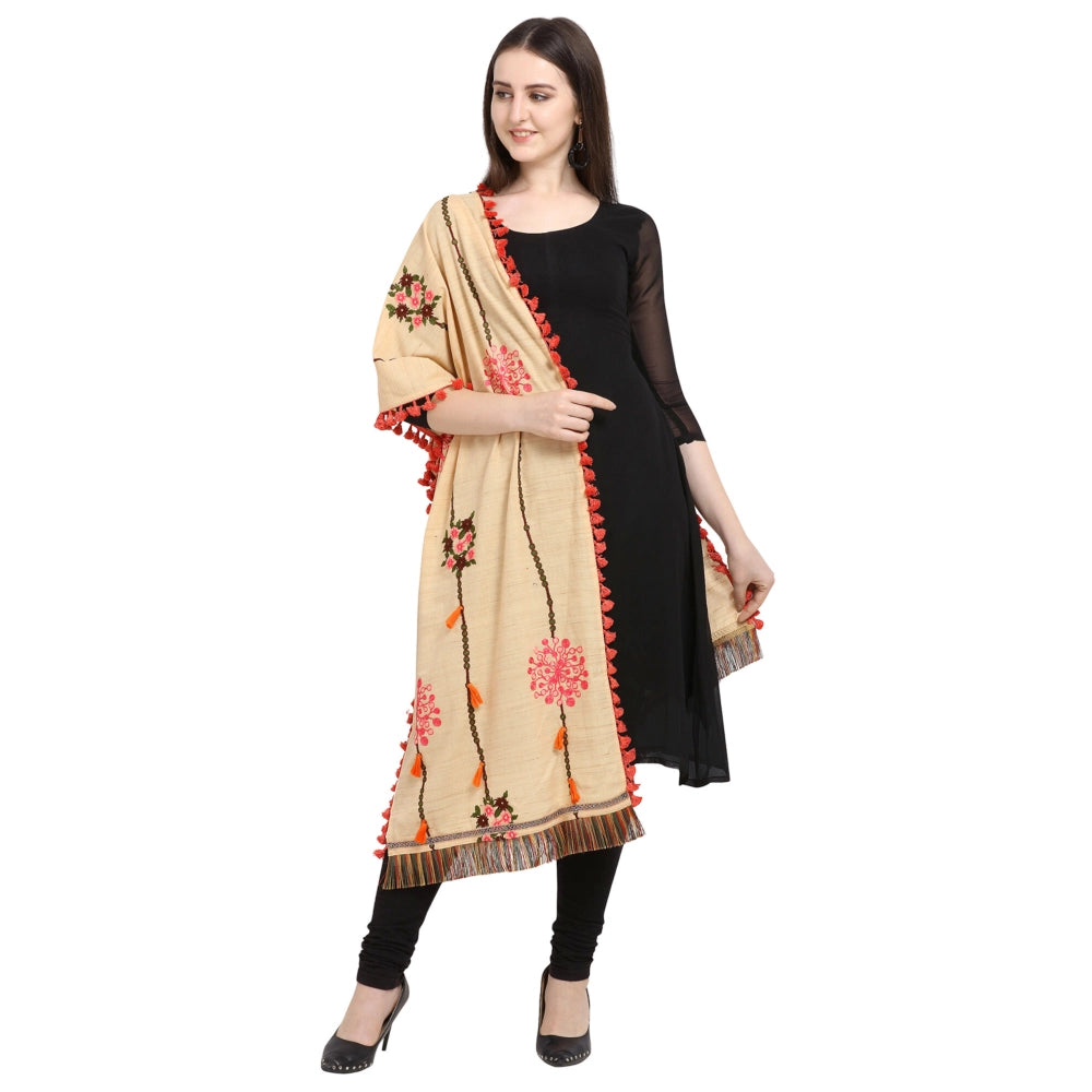 Women's Cotton Embroidered Dupatta (Beige, Length: 1.5 to 2 Mtr)