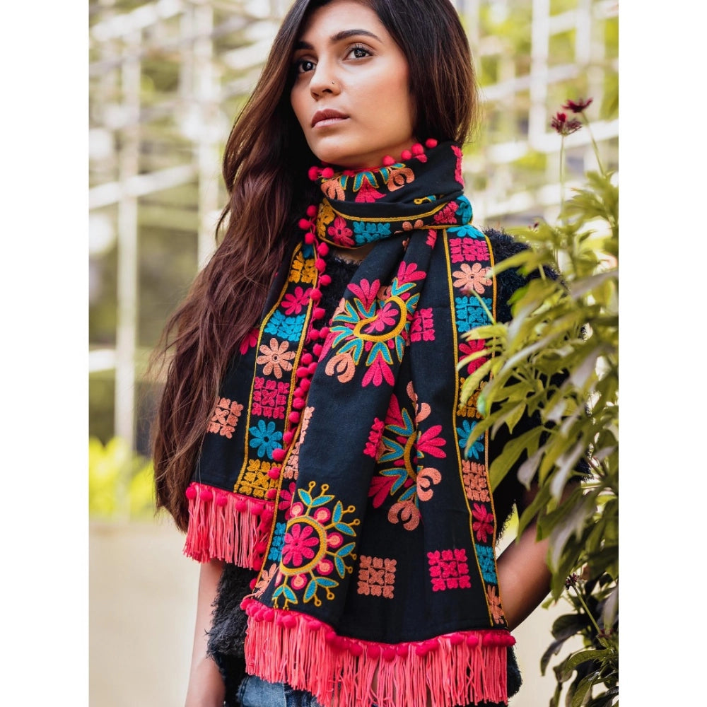 Women's Cotton Embroidered Muffler (Black, Length: 0.5 to 1 Mtr)