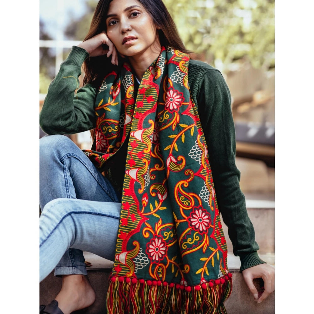 Women's Cotton Embroidered Muffler (Green, Length: 0.5 to 1 Mtr)