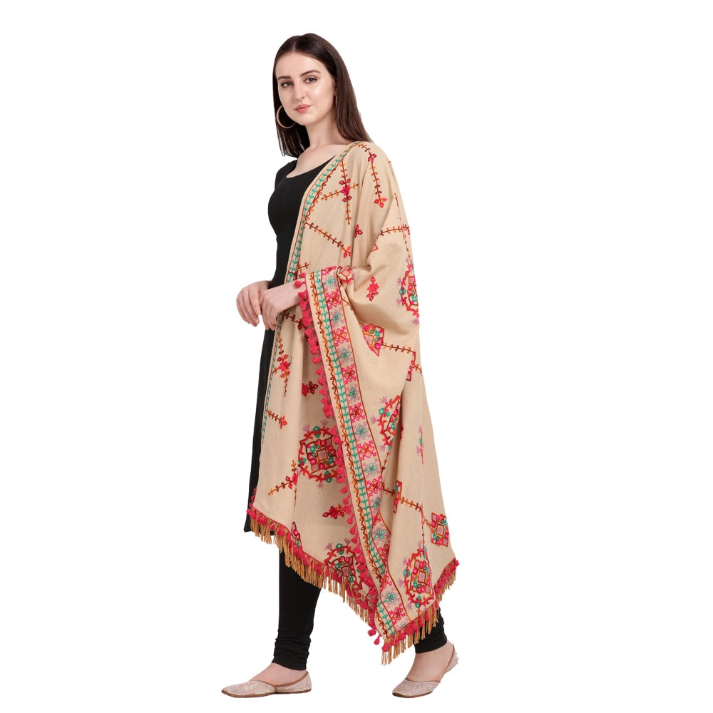 Women's Cotton Embroidered Dupatta (Beige, Length: 0.5 to 1 Mtr)