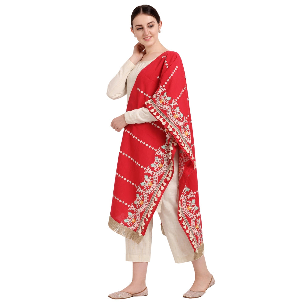 Women's Cotton Embroidered Dupatta (Red, Length: 1.5 to 2 Mtr)