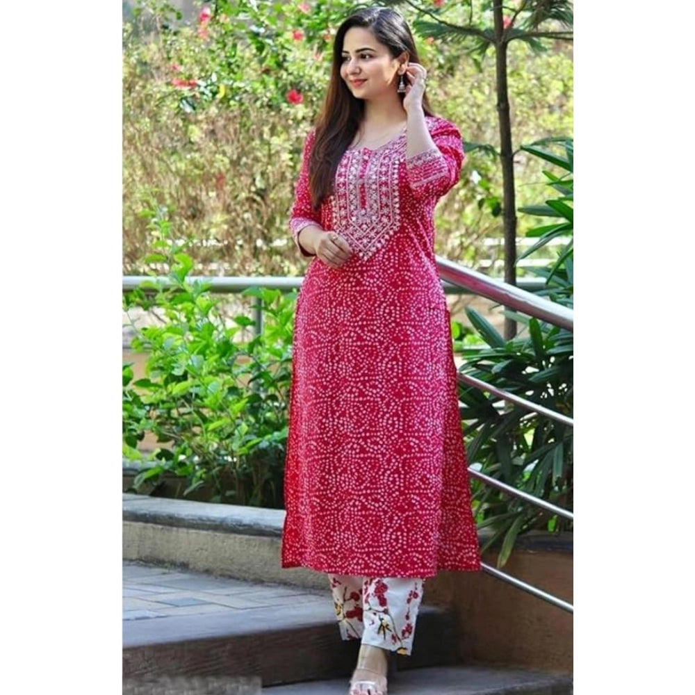 Women's Cotton Printed 3-4th Sleeve Ankle Length Kurti with Pant Set (Pink)