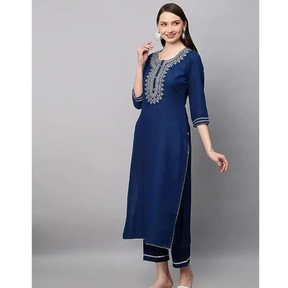 Women's Cotton Printed 3-4th Sleeve Ankle Length Kurti with Pant Set (Blue)