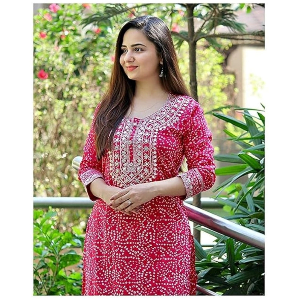 Women's Cotton Printed 3-4th Sleeve Ankle Length Kurti with Pant Set (Pink)