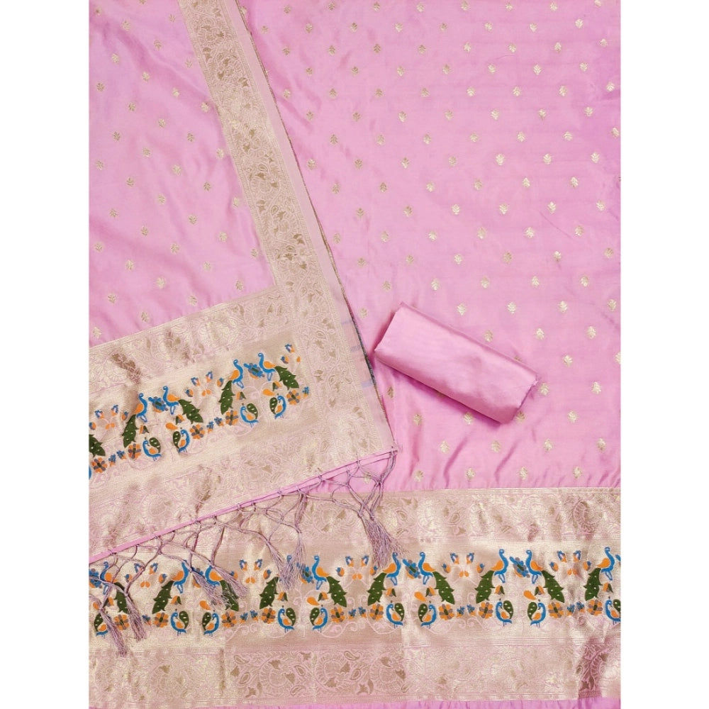 Women's Banarasi Silk Printed Unstitched Salwar Suit Material With Dupatta (Pink, 3Mtrs)