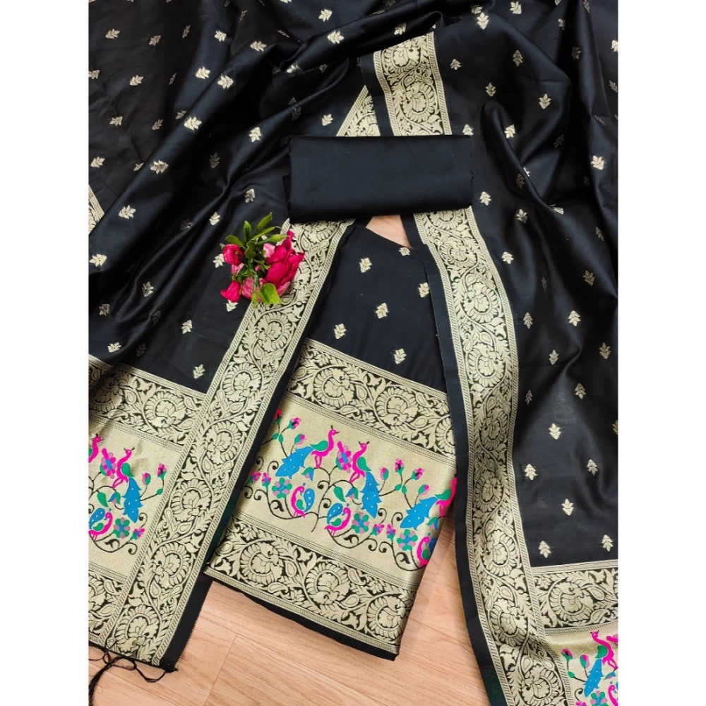 Women's Banarasi Silk Printed Unstitched Salwar Suit Material With Dupatta (Black, 3Mtrs)