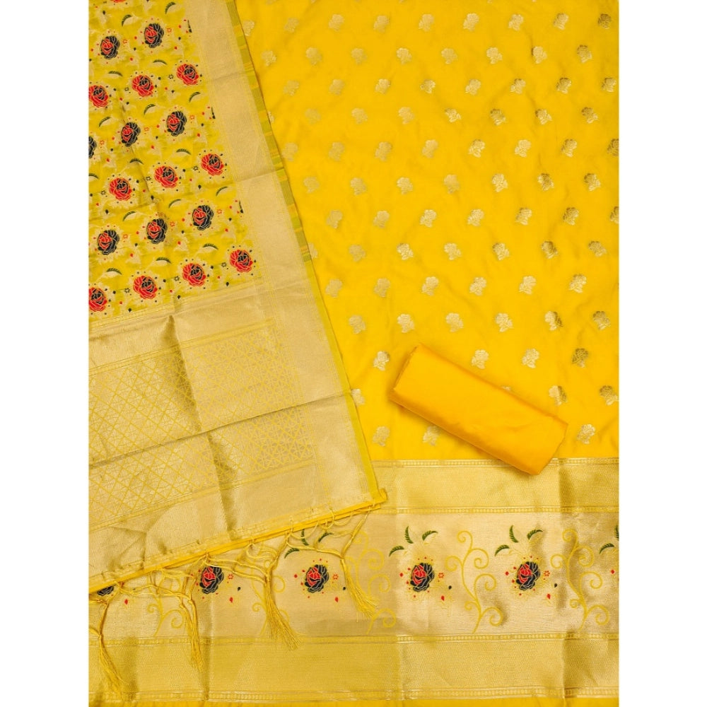 Women's Banarasi Silk Printed Unstitched Salwar Suit Material With Dupatta (Yellow, 3Mtrs)