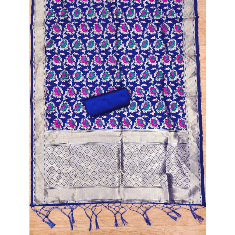 Women's Banarasi Silk Printed Unstitched Salwar Suit Material With Dupatta (Rblue, 3Mtrs)