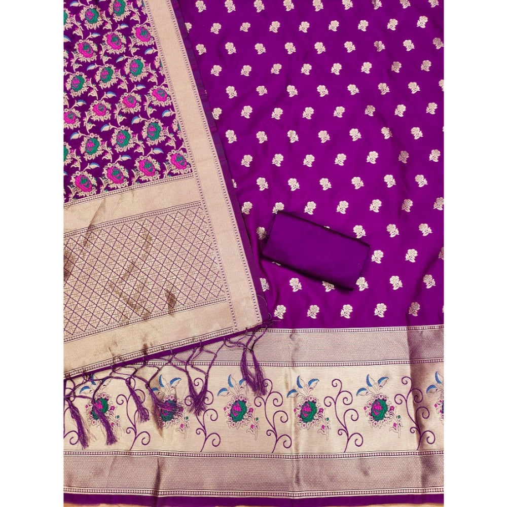 Women's Banarasi Silk Printed Unstitched Salwar Suit Material With Dupatta (Purple, 3Mtrs)