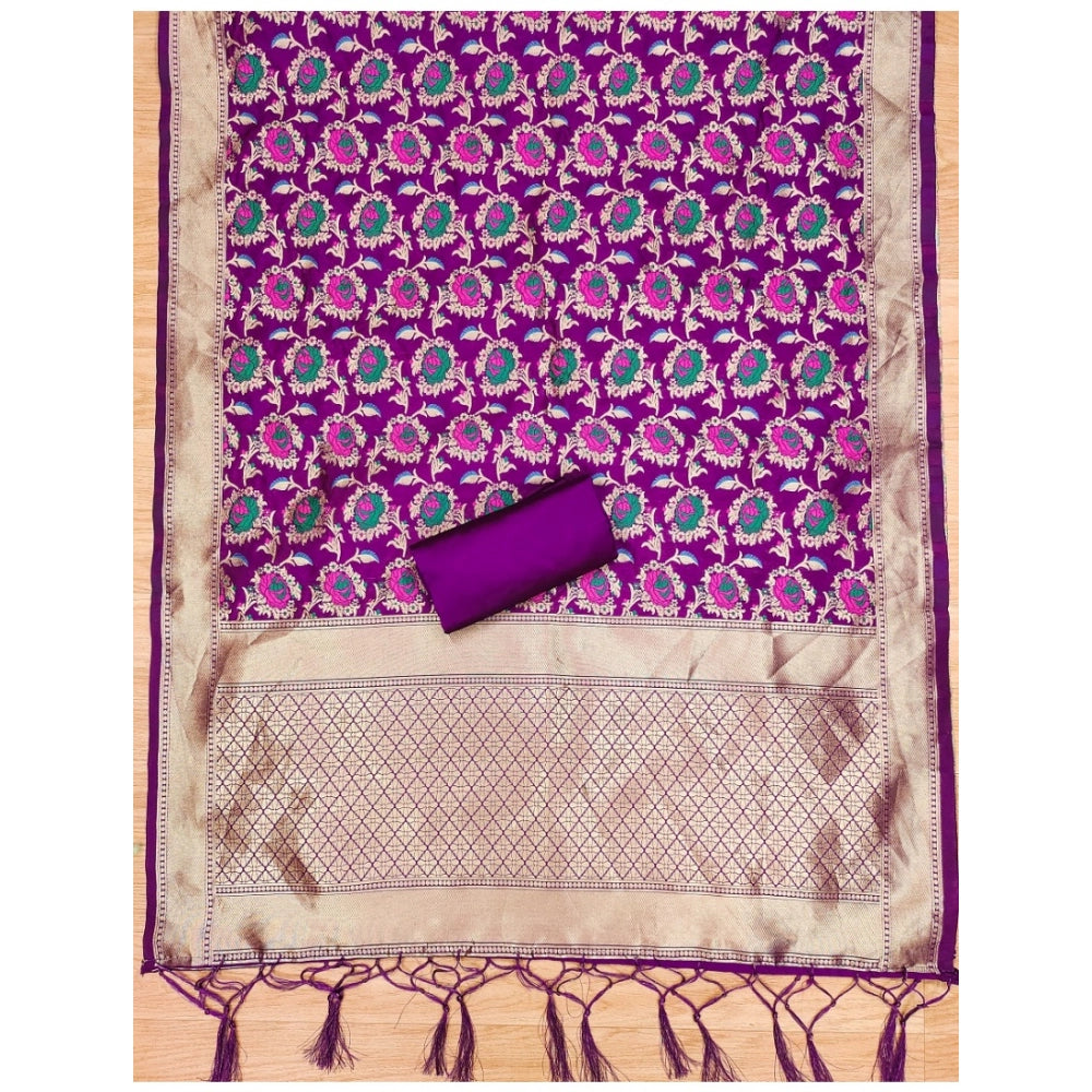 Women's Banarasi Silk Printed Unstitched Salwar Suit Material With Dupatta (Purple, 3Mtrs)