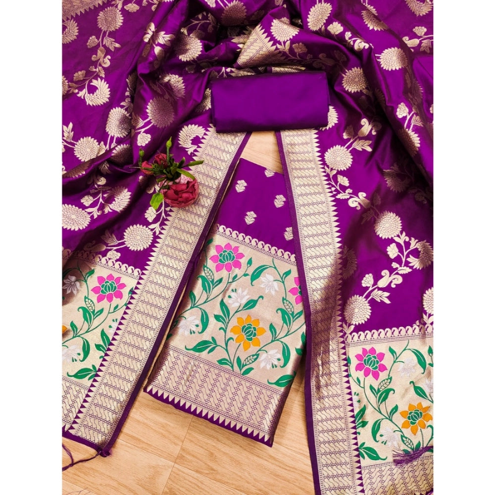 Women's Banarasi Silk Printed Unstitched Salwar Suit Material With Dupatta (Purple, 3Mtrs)