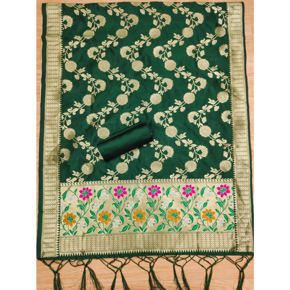 Women's Banarasi Silk Printed Unstitched Salwar Suit Material With Dupatta (Green, 3Mtrs)