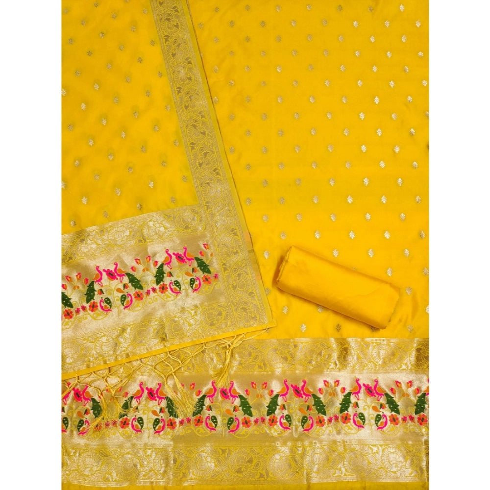 Women's Banarasi Silk Printed Unstitched Salwar Suit Material With Dupatta (Yellow, 3Mtrs)