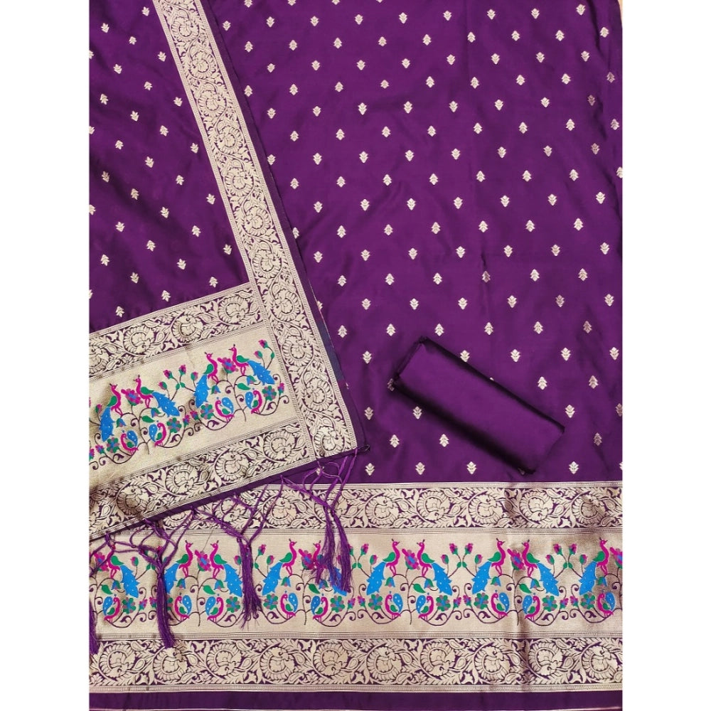 Women's Banarasi Silk Printed Unstitched Salwar Suit Material With Dupatta (Purple, 3Mtrs)