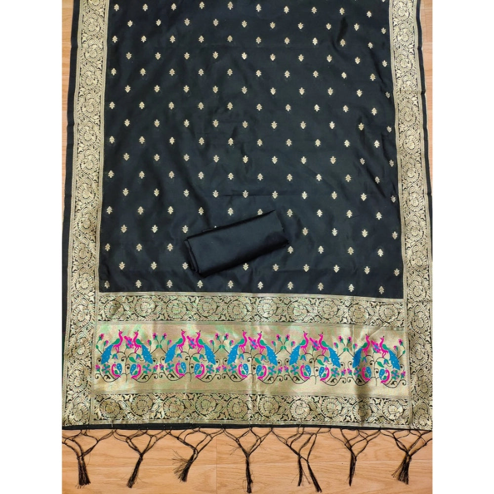 Women's Banarasi Silk Printed Unstitched Salwar Suit Material With Dupatta (Black, 3Mtrs)