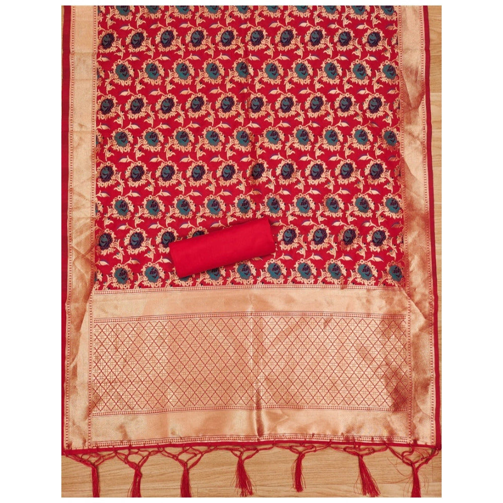 Women's Banarasi Silk Printed Unstitched Salwar Suit Material With Dupatta (Red, 3Mtrs)