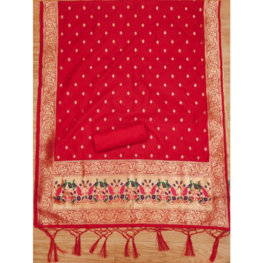 Women's Banarasi Silk Printed Unstitched Salwar Suit Material With Dupatta (Red, 3Mtrs)