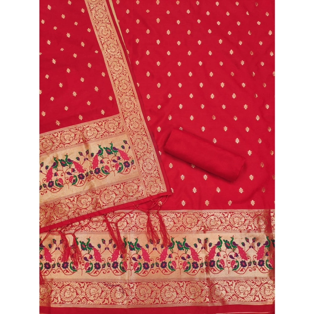 Women's Banarasi Silk Printed Unstitched Salwar Suit Material With Dupatta (Red, 3Mtrs)