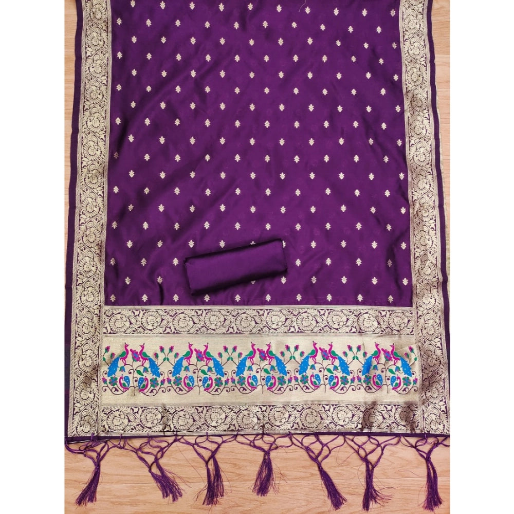 Women's Banarasi Silk Printed Unstitched Salwar Suit Material With Dupatta (Purple, 3Mtrs)