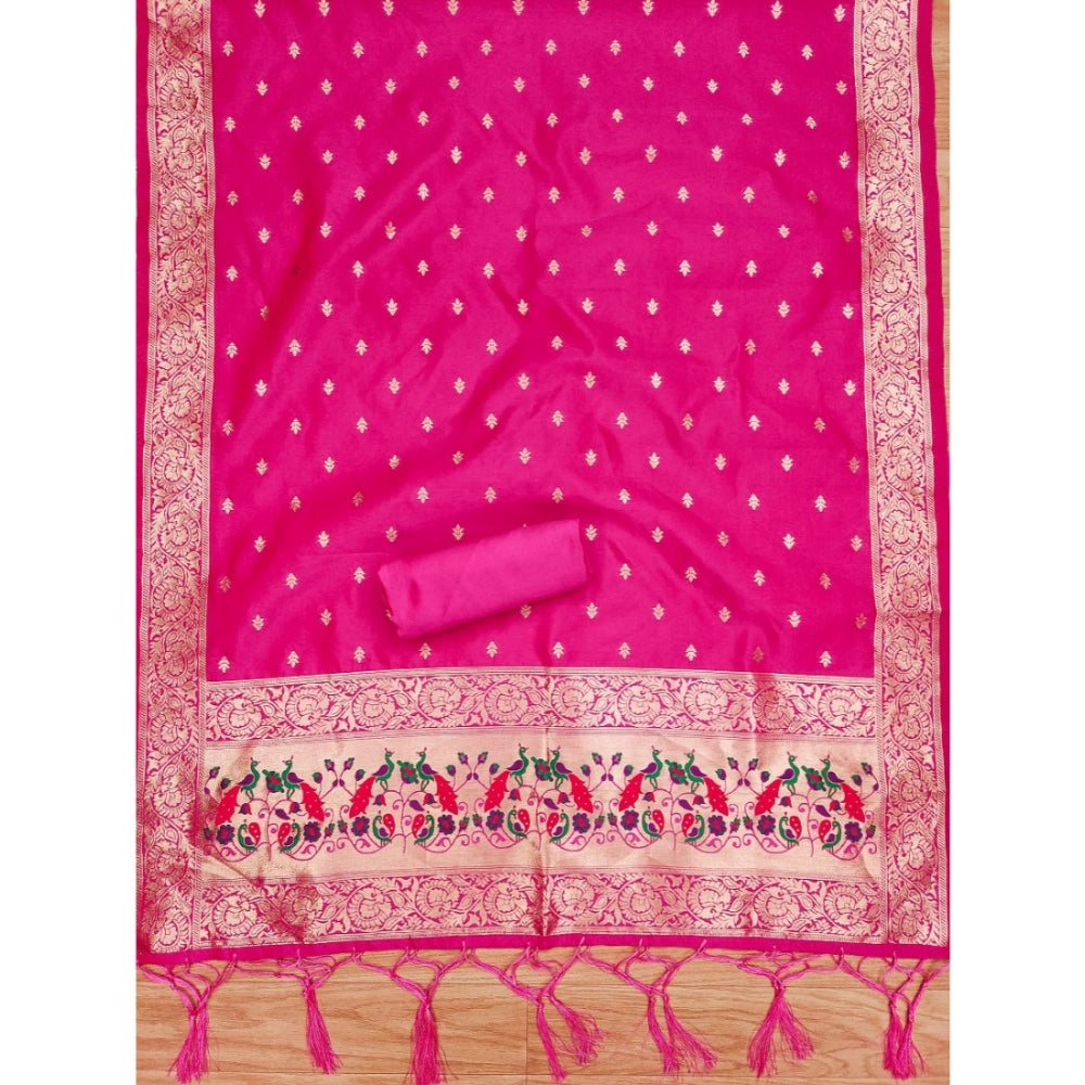 Women's Banarasi Silk Printed Unstitched Salwar Suit Material With Dupatta (Pink, 3Mtrs)