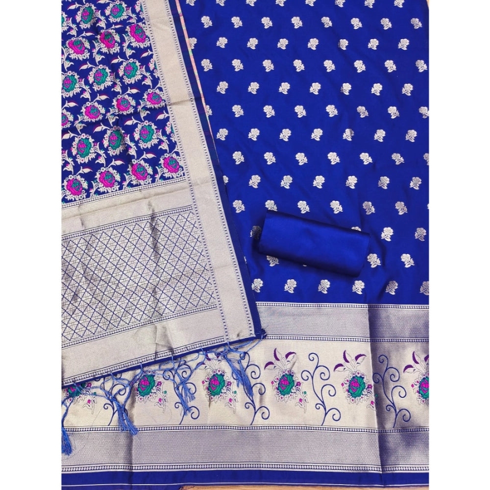 Women's Banarasi Silk Printed Unstitched Salwar Suit Material With Dupatta (Rblue, 3Mtrs)