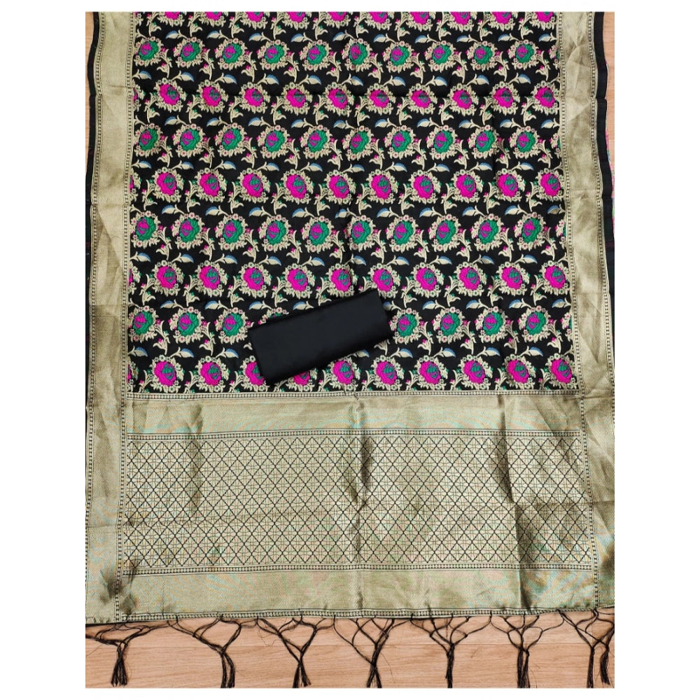 Women's Banarasi Silk Printed Unstitched Salwar Suit Material With Dupatta (Black, 3Mtrs)