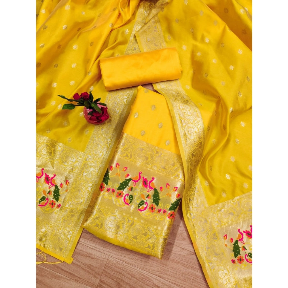 Women's Banarasi Silk Printed Unstitched Salwar Suit Material With Dupatta (Yellow, 3Mtrs)