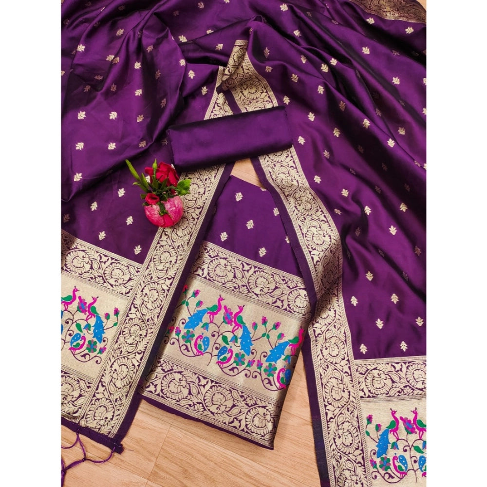 Women's Banarasi Silk Printed Unstitched Salwar Suit Material With Dupatta (Purple, 3Mtrs)